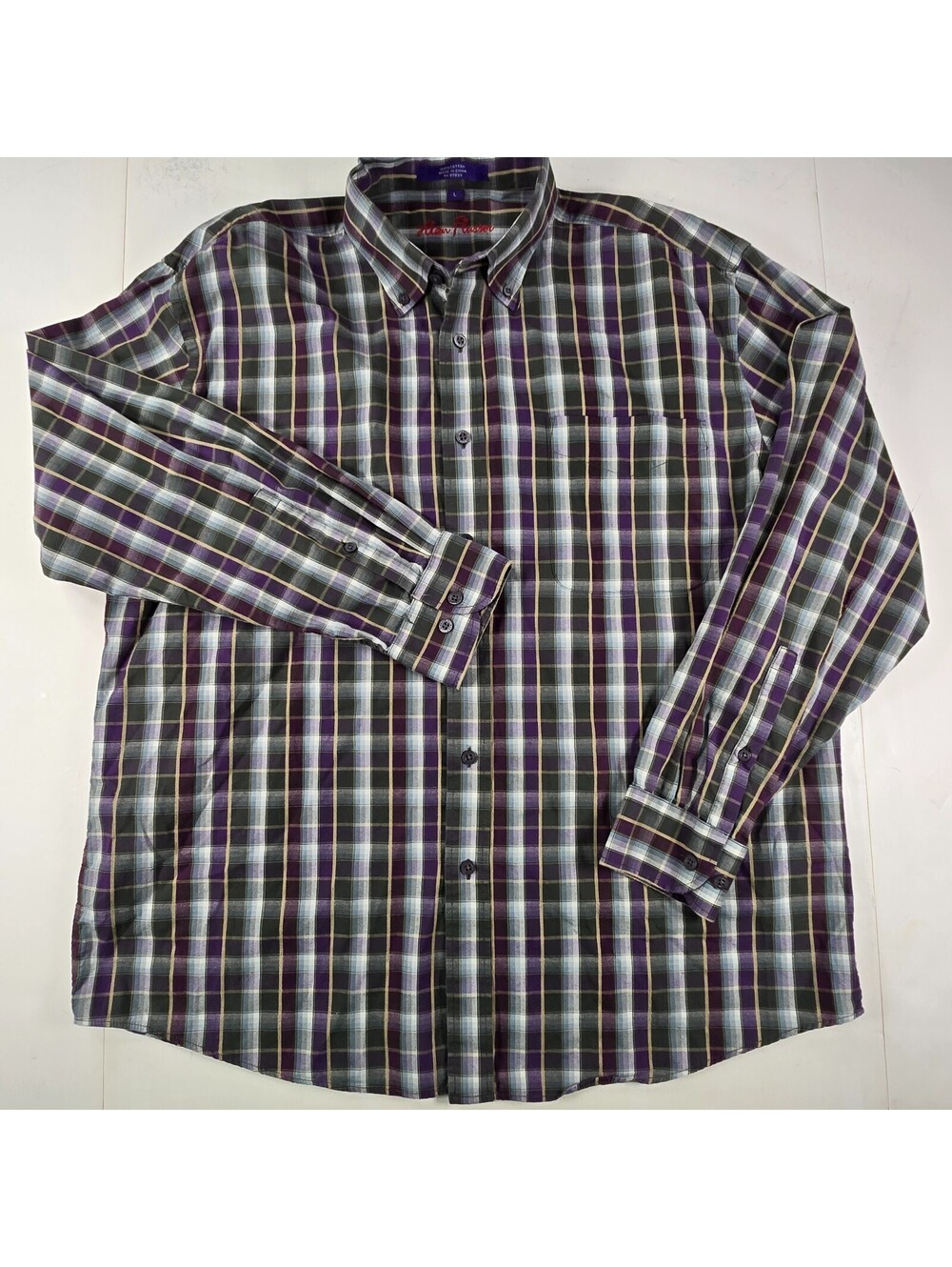 Alan Flusser Shirt Mens Large Purple Green Plaid Long Sleeve Button Cotton